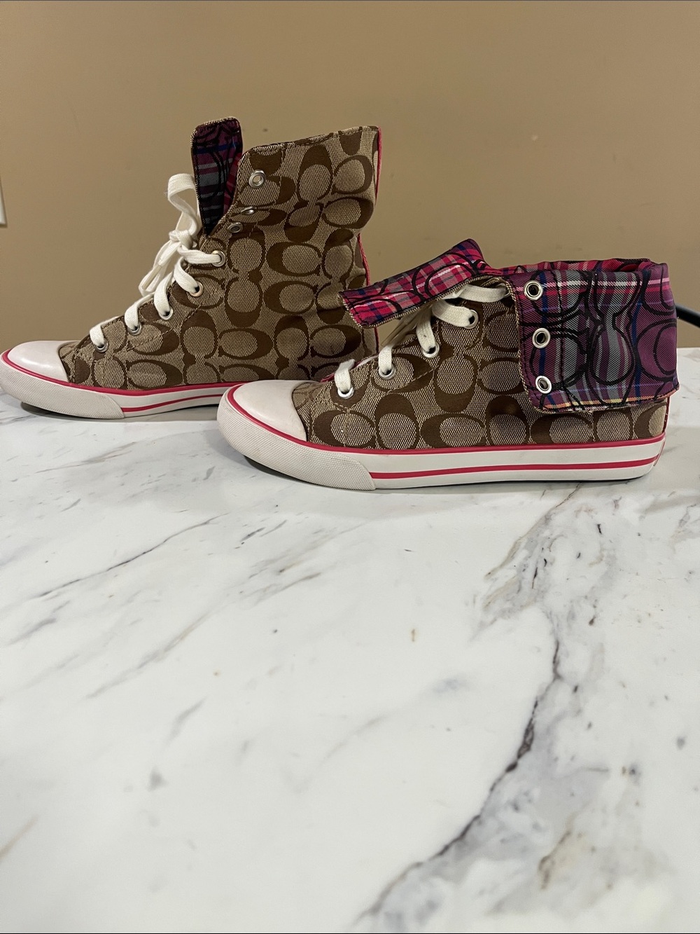 Coach Bonney Brown Signature High-Top Sneakers with Pink/purple Plaid Cuff